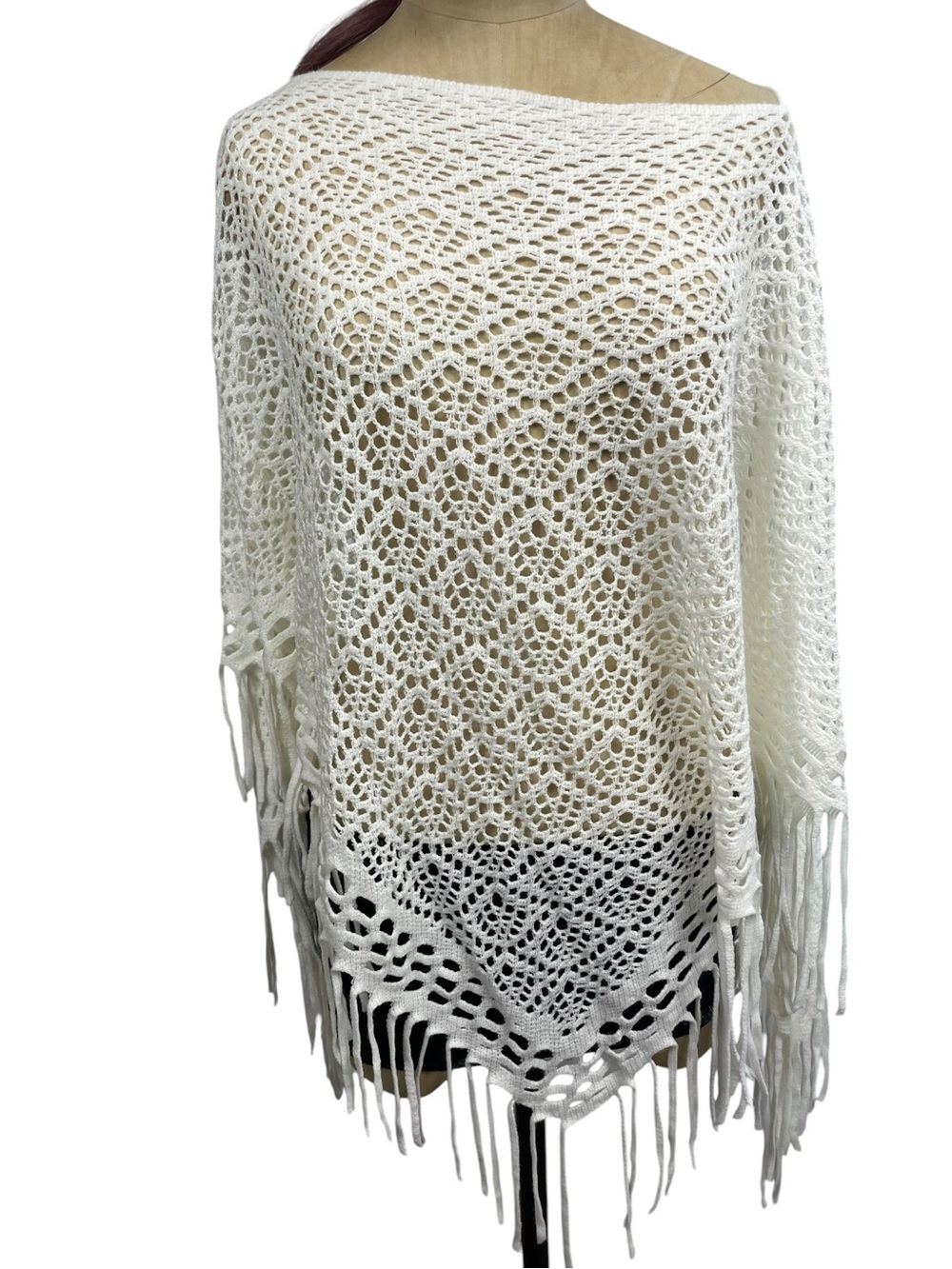 White Open Knit Poncho Crochet Boho Cape Fringe One Size Soft Cottage Whimsy - Picture 9 of 12